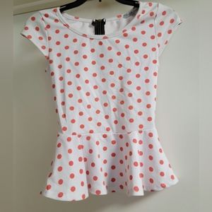 Charlotte Russe || Peplum Top|| White w/ Peach colored dots